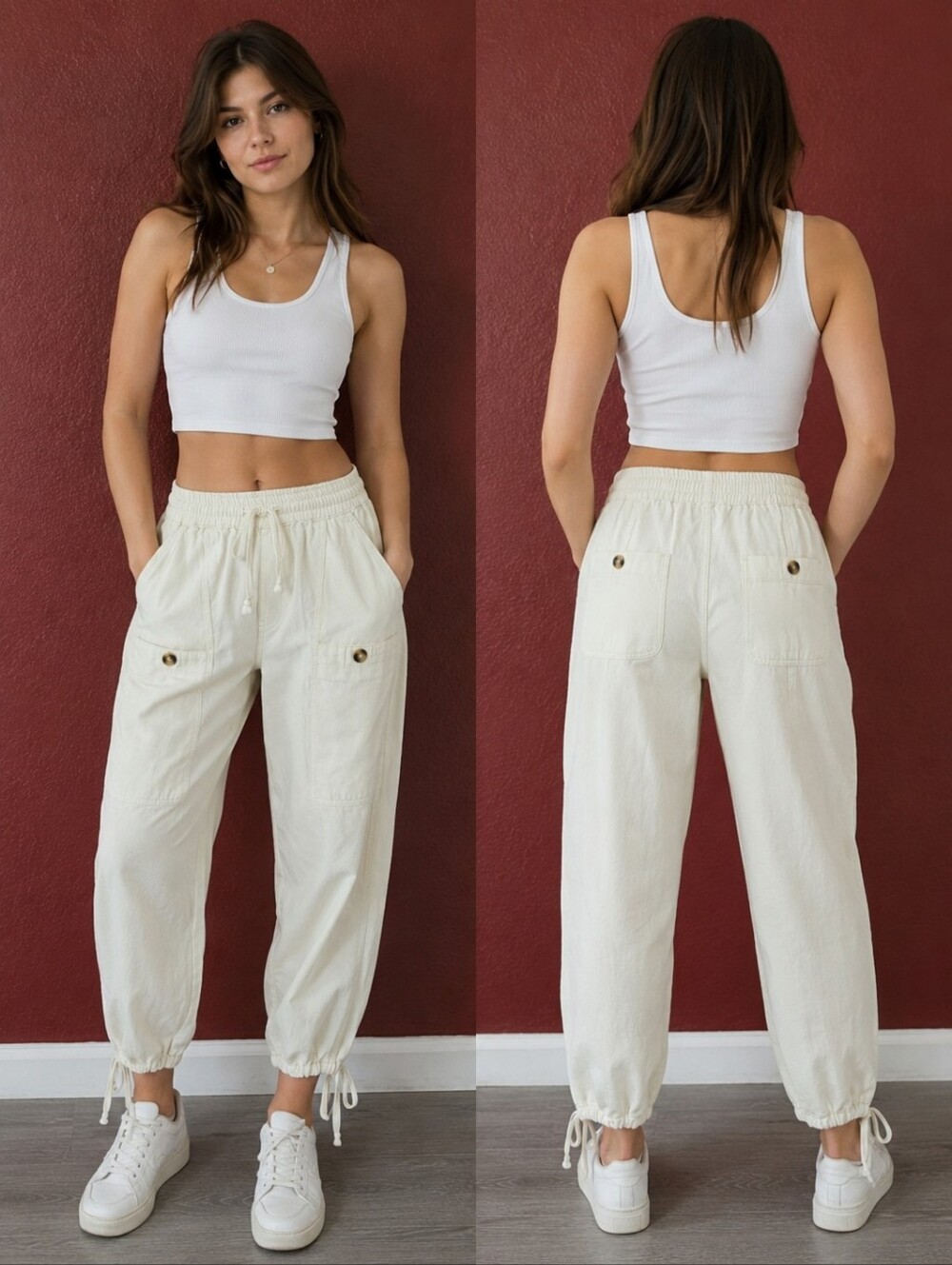 Casual Drawstring Cargo Pants - Cream